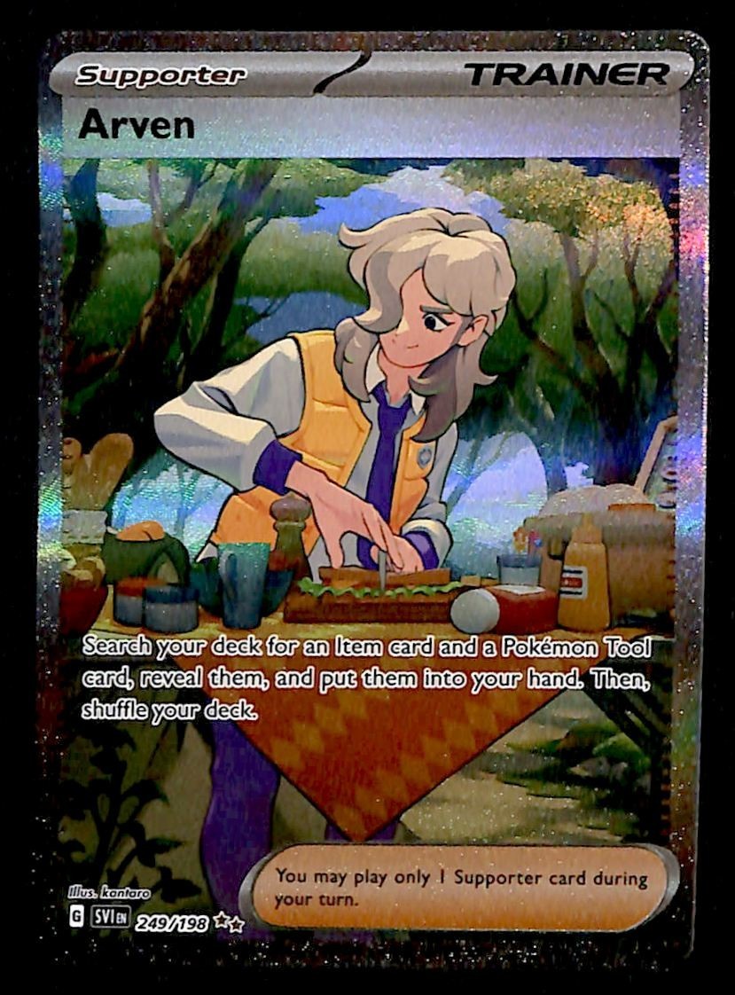 arven pokemon card 249 198 Full Art Trainer Rare Scarlet & Violet Base 249/198, NM OPTION:BLACK BOLT (5 PACKS) Ultra Ball shuffle your deckYou may Custom Pokemone Card Gold
