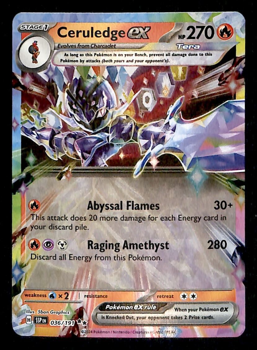 036 191 pokemon card Ceruledge EX Ultra Rare Surging Sparks 036/191, NM Metal Raging Amethyst (280) Pokemon Pocket: A Complete Life Wheel Compartment:Yes Heart Gold Soul Silver
