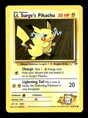 Lt Surges Pikachu Gym Heroes NM, 81/132 Pokemon Card.