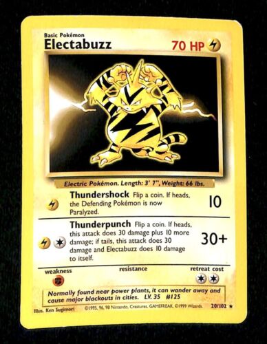 Electabuzz Base Set 1999 Unlimited Print EX, 20/102 Pokemon Card.