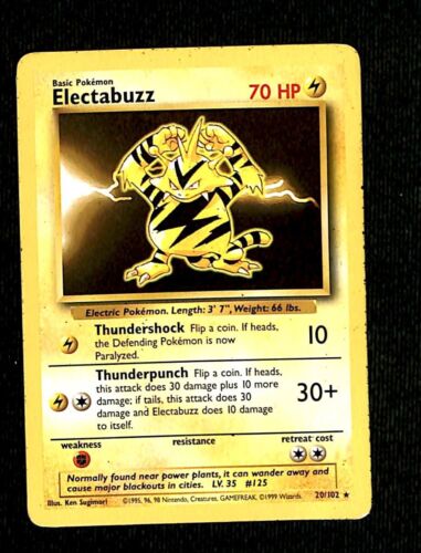 Electabuzz Base Set 1999 Unlimited Print VG, 20/102 Pokemon Card.