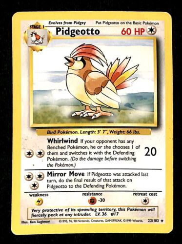 Pidgeotto Base Set 1999 Unlimited Print VG, 22/102 Pokemon Card.