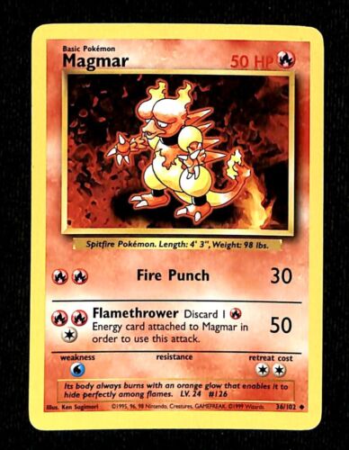 Magmar Base Set 1999 Unlimited Print EX, 36/102 Pokemon Card.