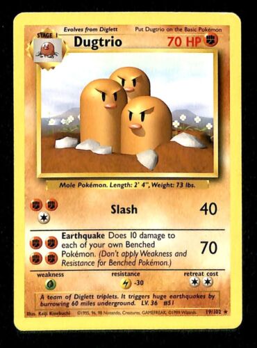 Dugtrio Base Set 1999 Unlimited Print EX, 19/102 Pokemon Card.
