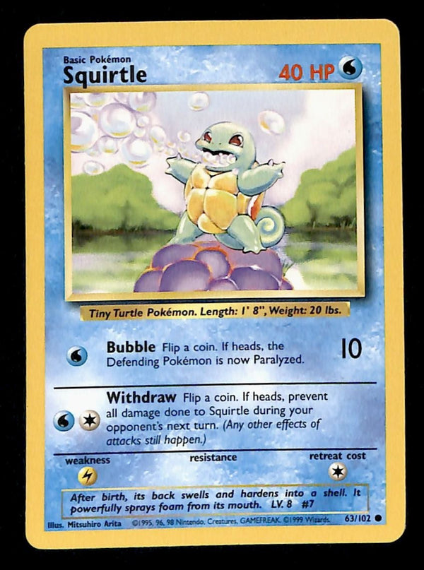 Squirtle Base Set 1999 Unlimited Print NM, 63/102 Pokemon Card.