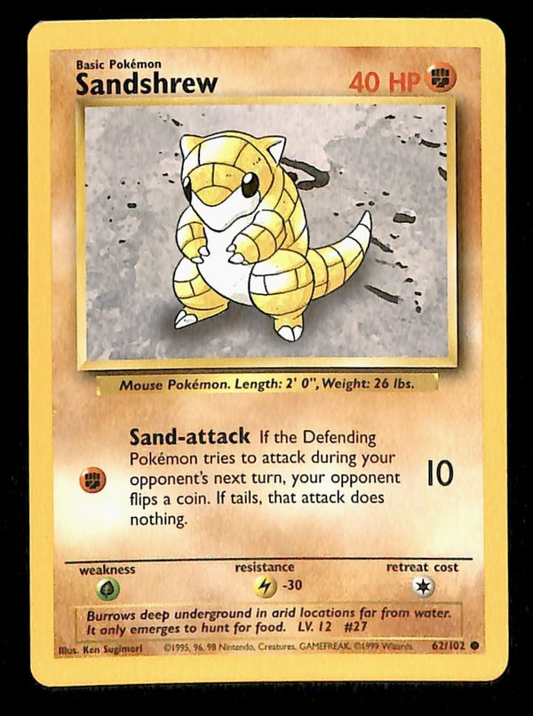 Sandshrew Base Set 1999 Unlimited Print NM, 62/102 Pokemon Card.