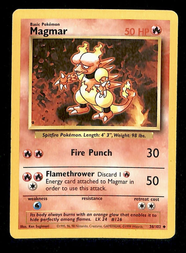 Magmar Base Set 1999 Unlimited Print LP, 36/102 Pokemon Card.