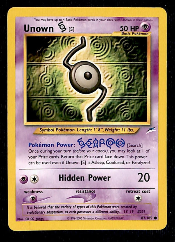 Unown S Neo Destiny Unlimited 87/105, LP Pokemon Card