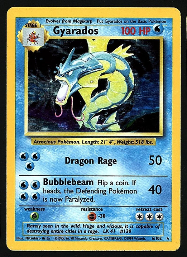 Gyarados Holo Base Set 1999 Unlimited Print LP, 6/102 Pokemon Card.