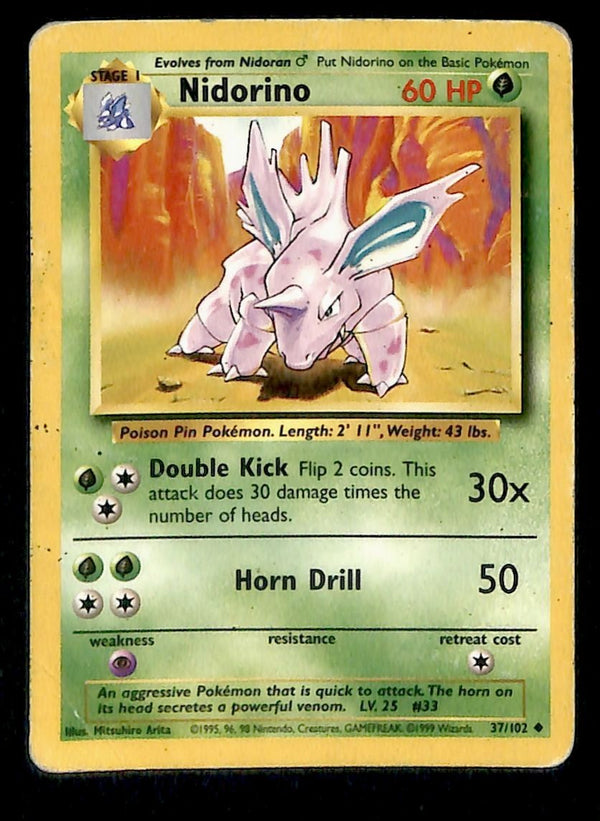 Nidorino Base Set 1999 Unlimited Print VG, 37/102 Pokemon Card.