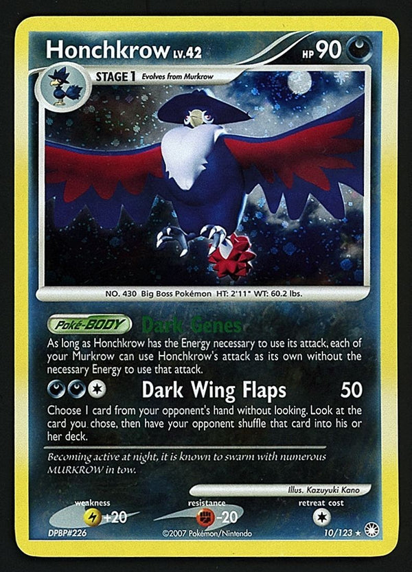 Honchkrow LV.42 Holo Mysterious Treasures LP, 10/123 Pokemon Card.