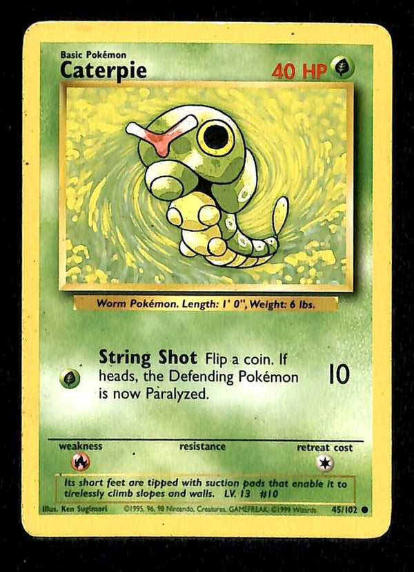 Caterpie Base Set 1999 Unlimited Print EX 45/102 Pokemon Card.