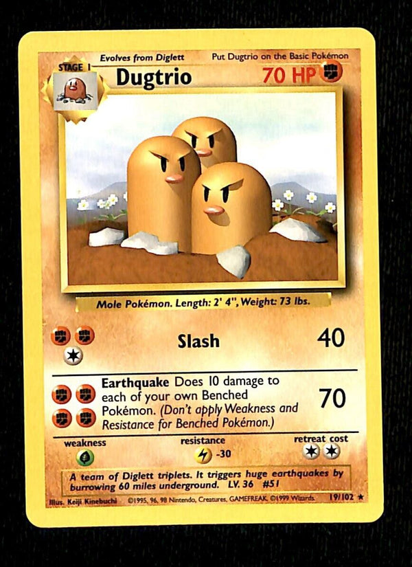 Dugtrio Base Set 1999 Unlimited Print EX, 19/102 Pokemon Card.