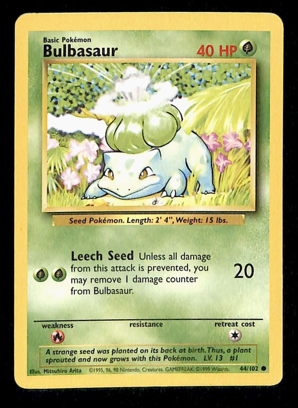 Bulbasaur Base Set 1999 Unlimited Print LP, 44/102 Pokemon Card.