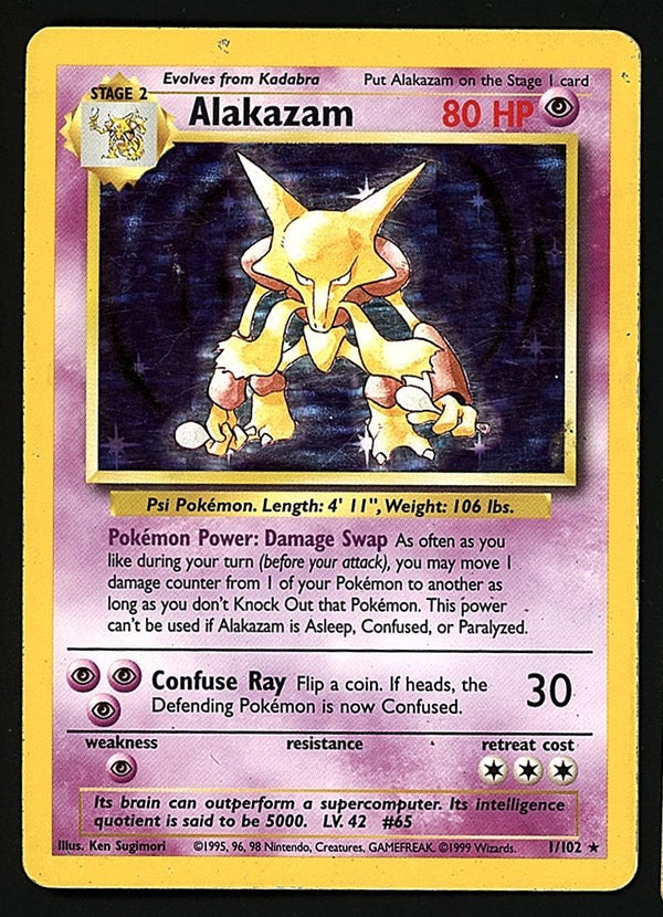 Alakazam Holo Base Set 1999 Unlimited Print MP, 1/102 Pokemon Card.