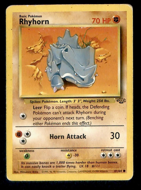 1995 rhyhorn pokemon card Day 219 of my Series Rhyhorn has uncontrollable charging power and once Rhyhorn starts running, it can't turn or stop until it hits something. Destroys everything in its path. Strong The card pictured is the card you are purchasing Rhyhorn 1st Edition (61) 2000