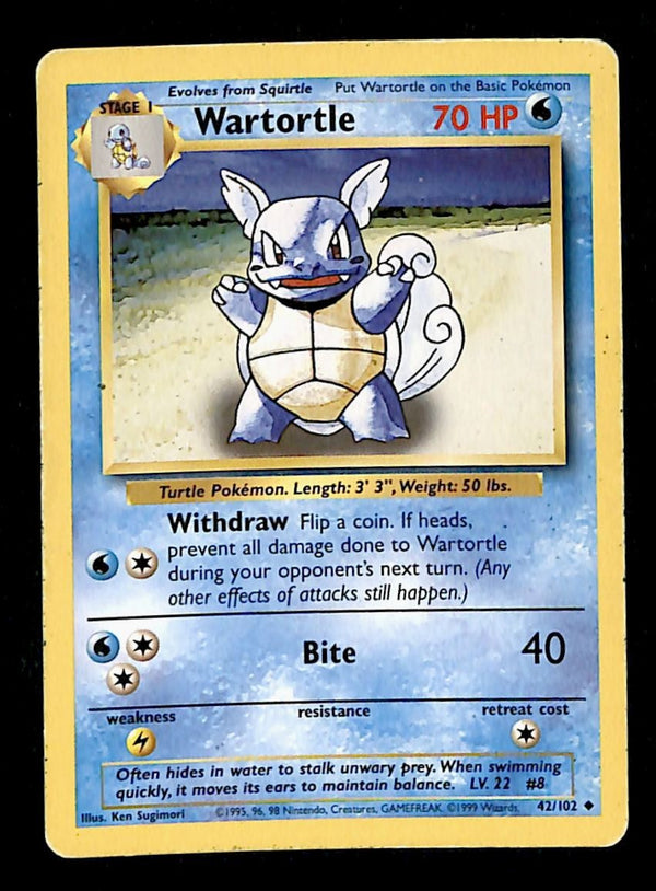 Wartortle Base Set 1999 Unlimited Print VG, 42/102 Pokemon Card.