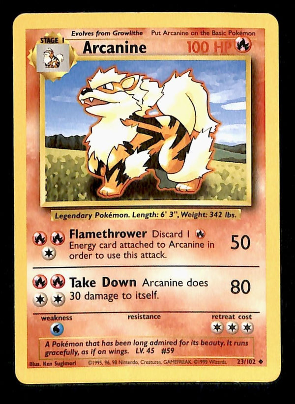 Arcanine Base Set 1999 Unlimited Print VG, 23/102 Pokemon Card.