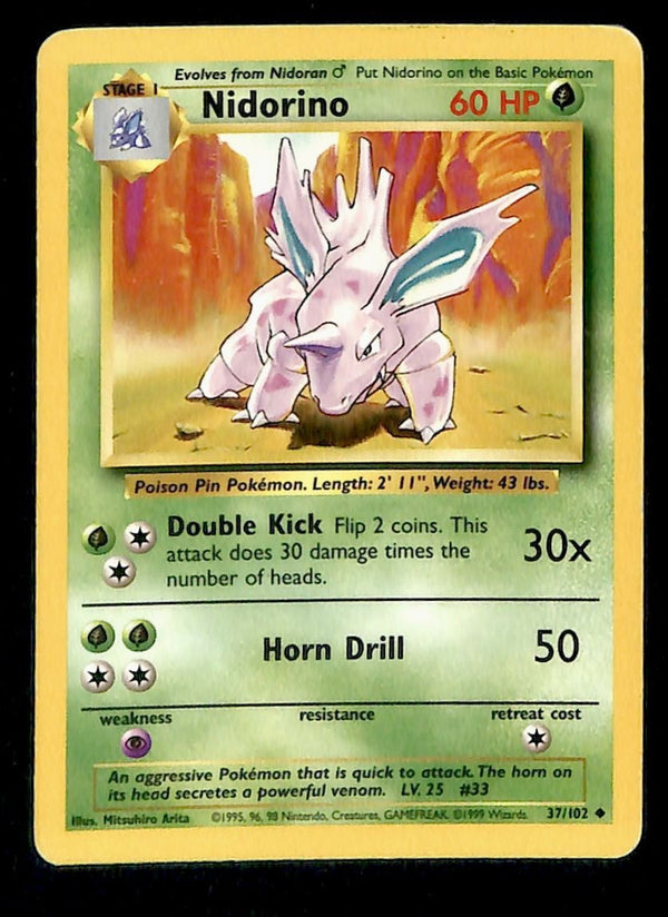 Nidorino Base Set 1999 Unlimited Print LP, 37/102 Pokemon Card.