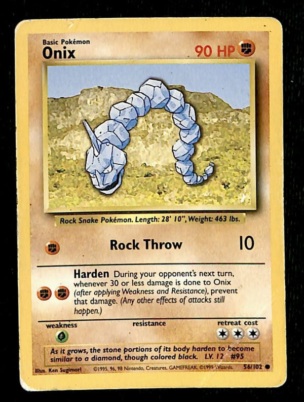 Onix Base Set 1999 Unlimited Print VG, 56/102 Pokemon Card.
