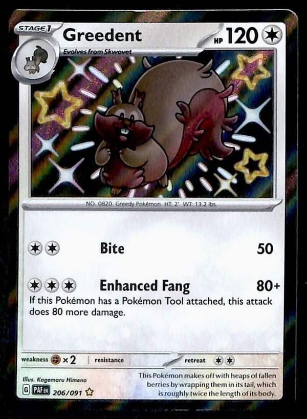 Greedent Shiny Paldean Fates 206/091, NM Pokemon Card
